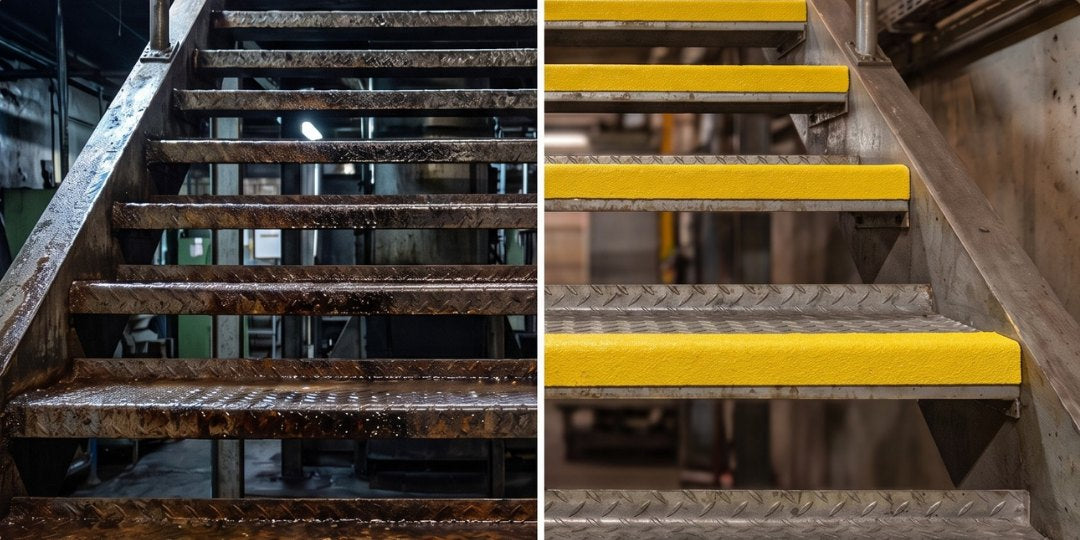 Før og efter: rusten industritrappe og samme trappe med gule skridsikre GRP-kantprofiler